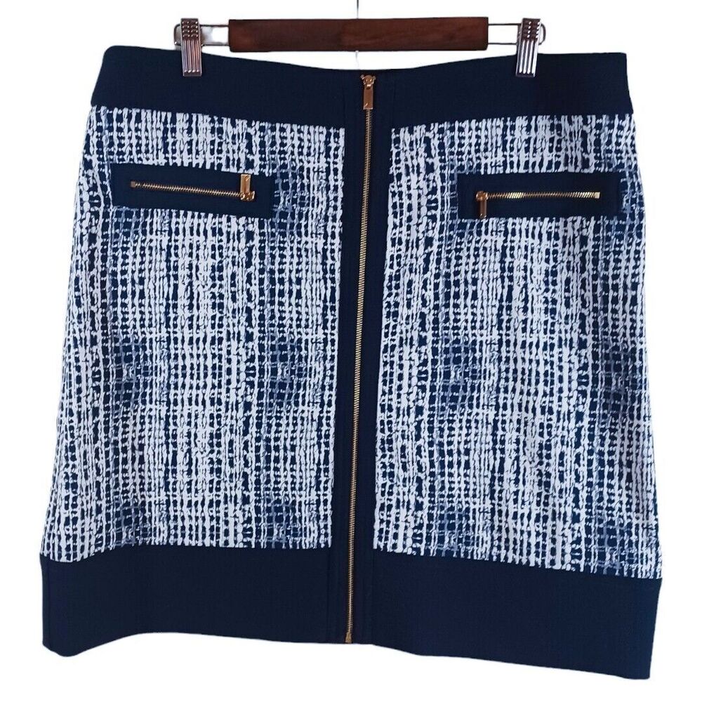 Jones New York Suit Stretch Pencil Skirt Blue White Gold Full Front Zip Size 14